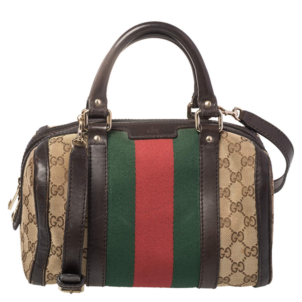 Pre Owned Gucci Dark Brown/Beige GG Canvas and Leather Small Vintage Web Boston Bag