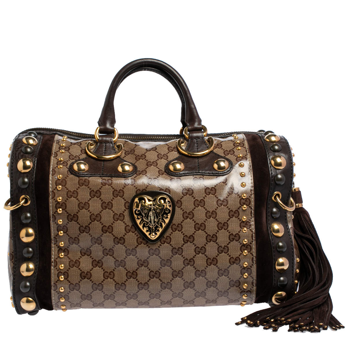 Pre Owned Gucci Brown/Beige GG Crystal Canvas and Suede Babouska Indy Boston Bag