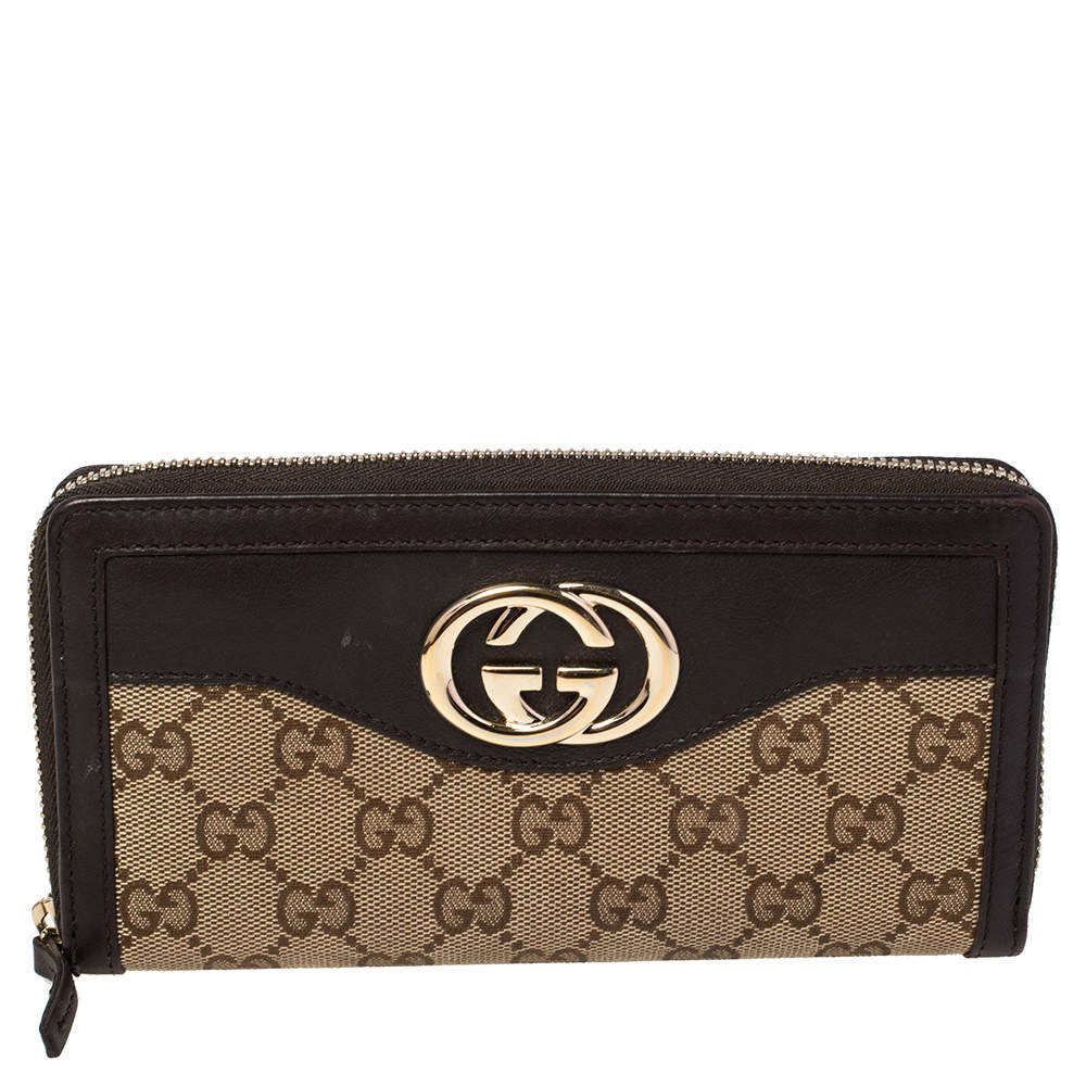 مملوكة مسبقًا Gucci Beige/Brown GG Canvas and Leather Sukey Zip Around Wallet
