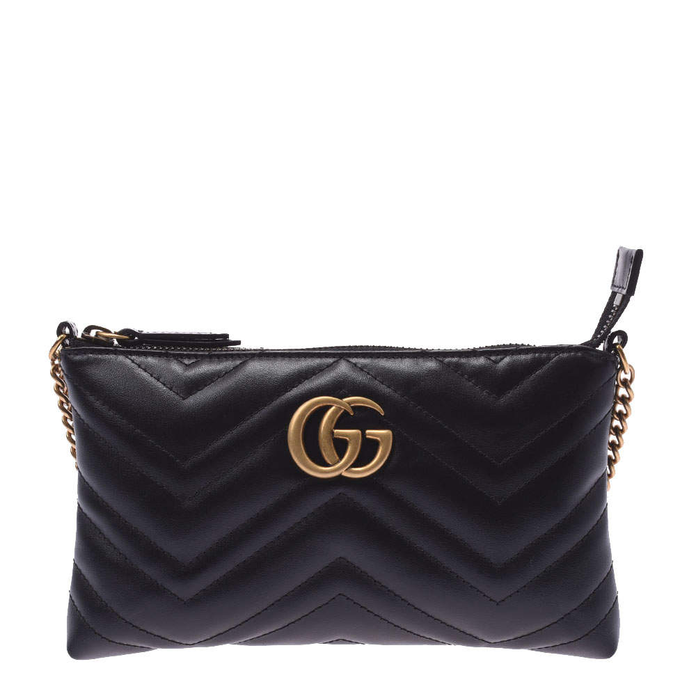 Gucci Black Leather GG Marmont Mini Chain Shoulder Bag