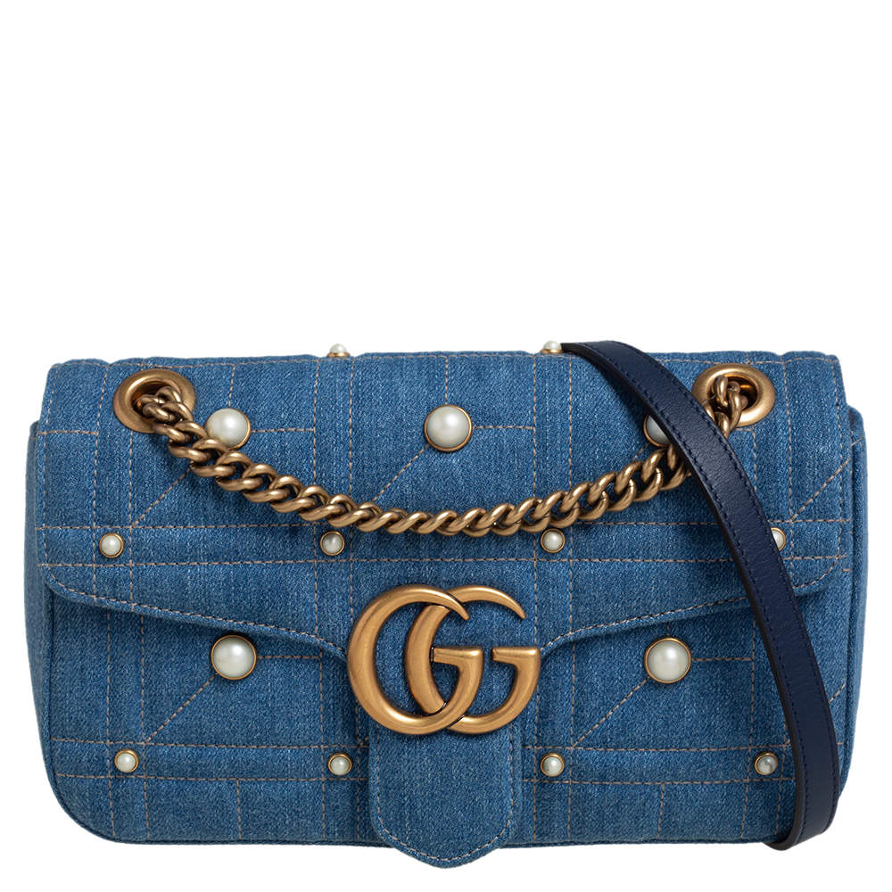 مملوكة مسبقًا Gucci Blue Matelasse Denim Small Pearl Embellished GG Marmont Shoulder Bag
