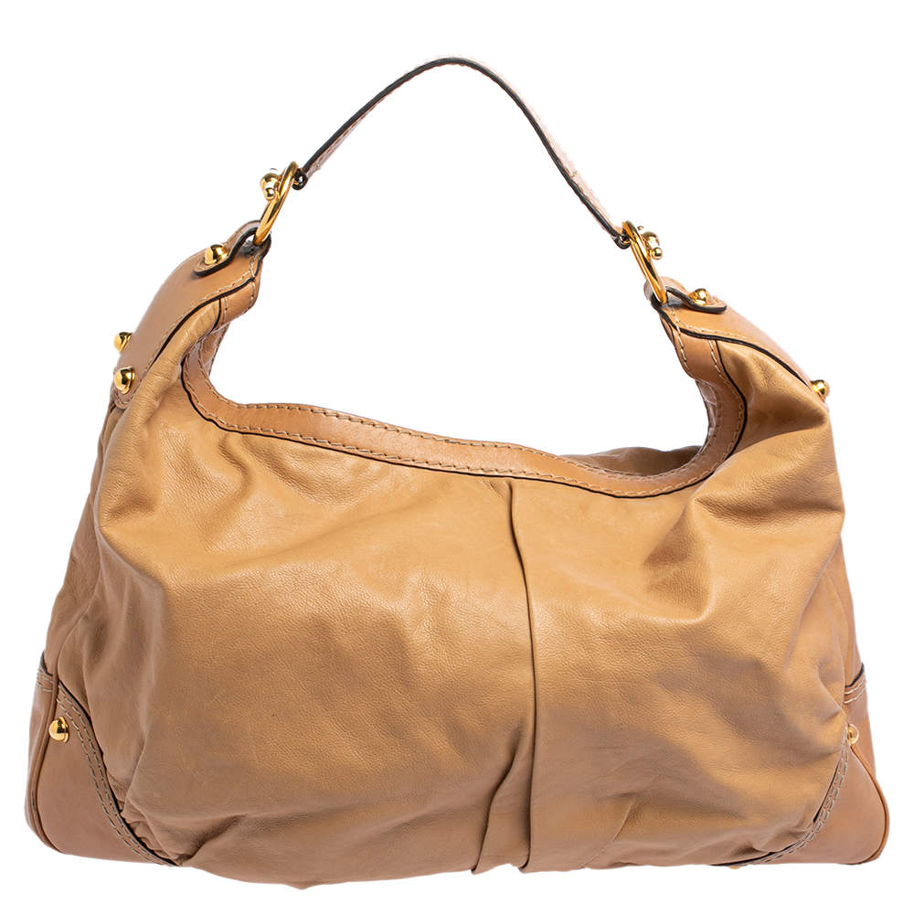 Pre Owned حقيبة هوبو غوتشي جوكي جلد بيج/بني كبيرة