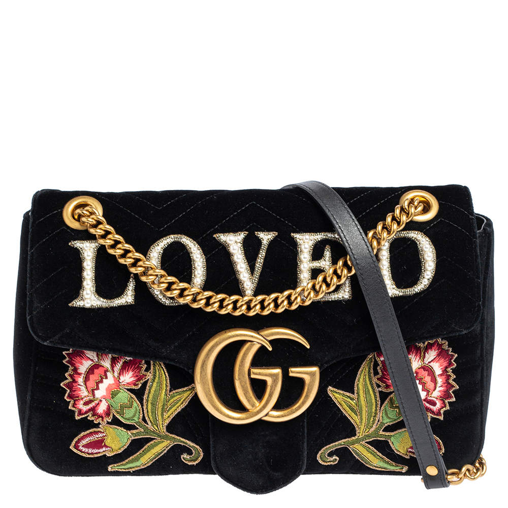 Gucci Black Love Embroidered Matelassé Velvet Medium GG Marmont Shoulder Bag