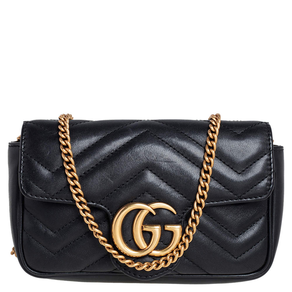 Pre Owned Gucci Black Matelasse Leather Super Mini GG Marmont Shoulder Bag