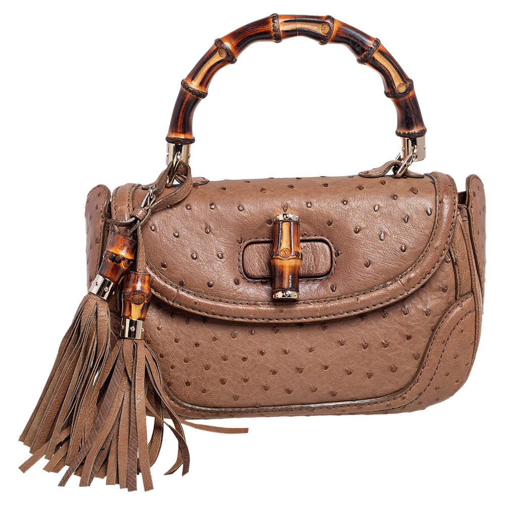 Pre Owned Gucci Brown Ostrich Medium New Bamboo Tassel Top Handle Bag