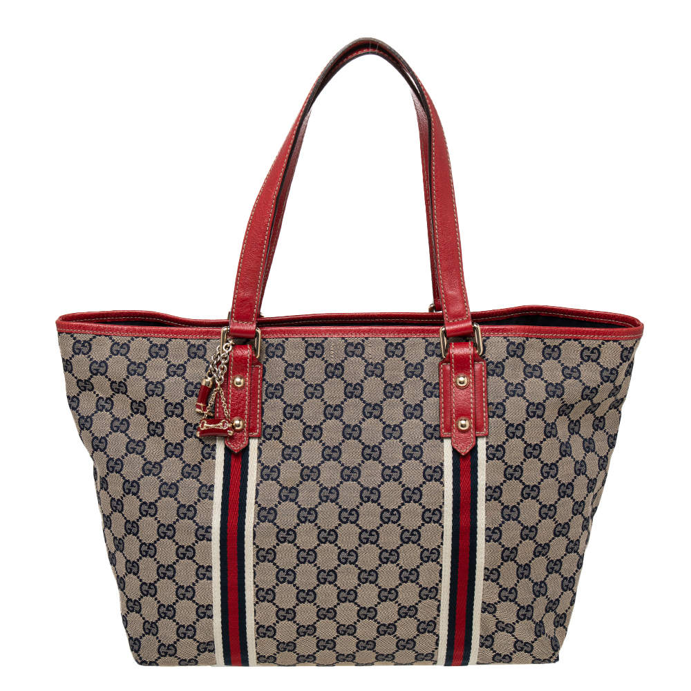 Pre Owned Gucci Beige/Red GG Canvas And Leather Jolicoeur Tote