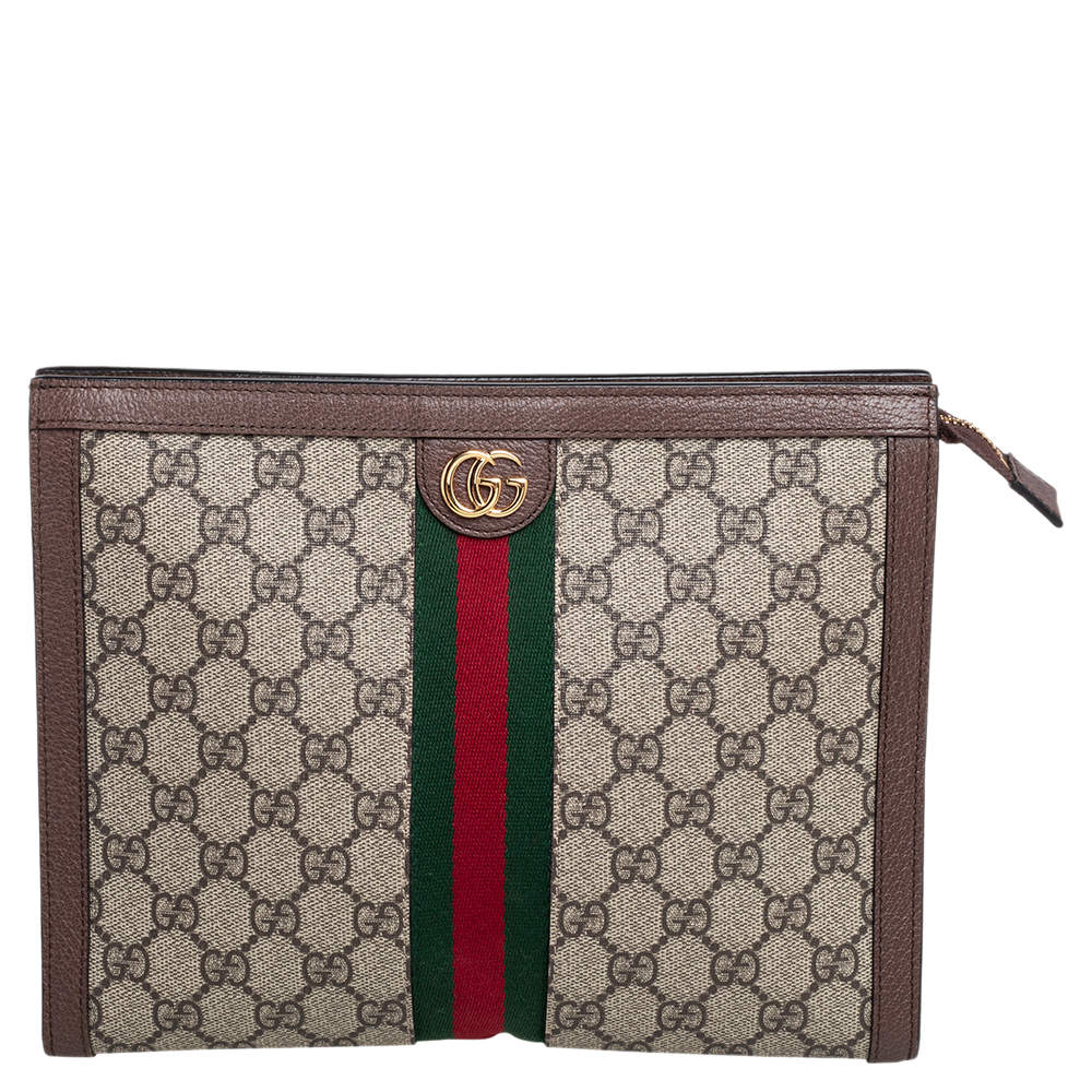 Pre Owned Gucci Beige/Brown GG Supreme Canvas and Leather Ophidia Pouch