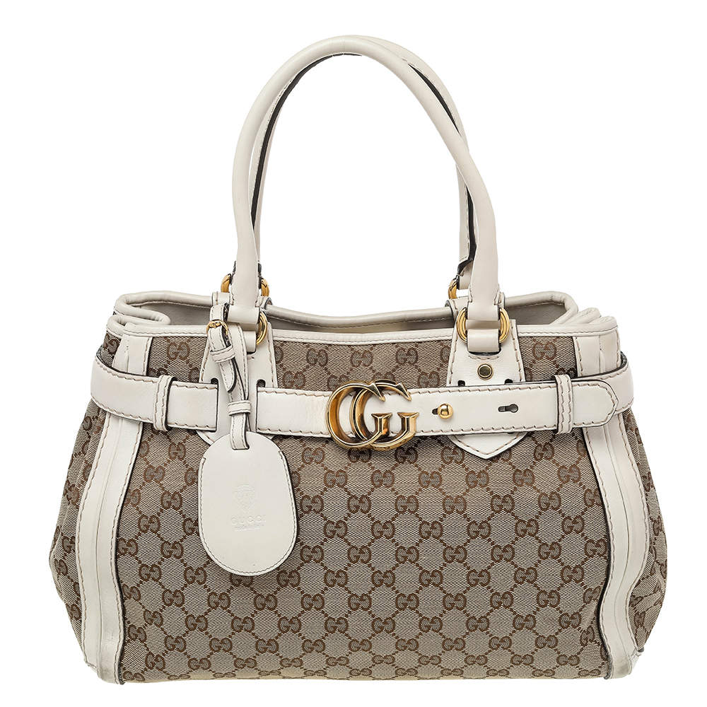 Pre Owned حقيبة يد توتس غوتشي رانينغ كانفاس GG بني/ أوف وايت متوسطة 