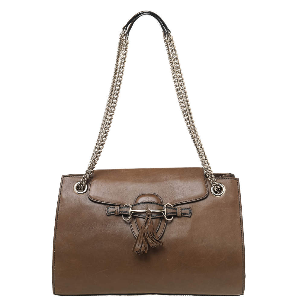 Gucci Dark Beige Leather Large Emily Chain Shoulder Bag
