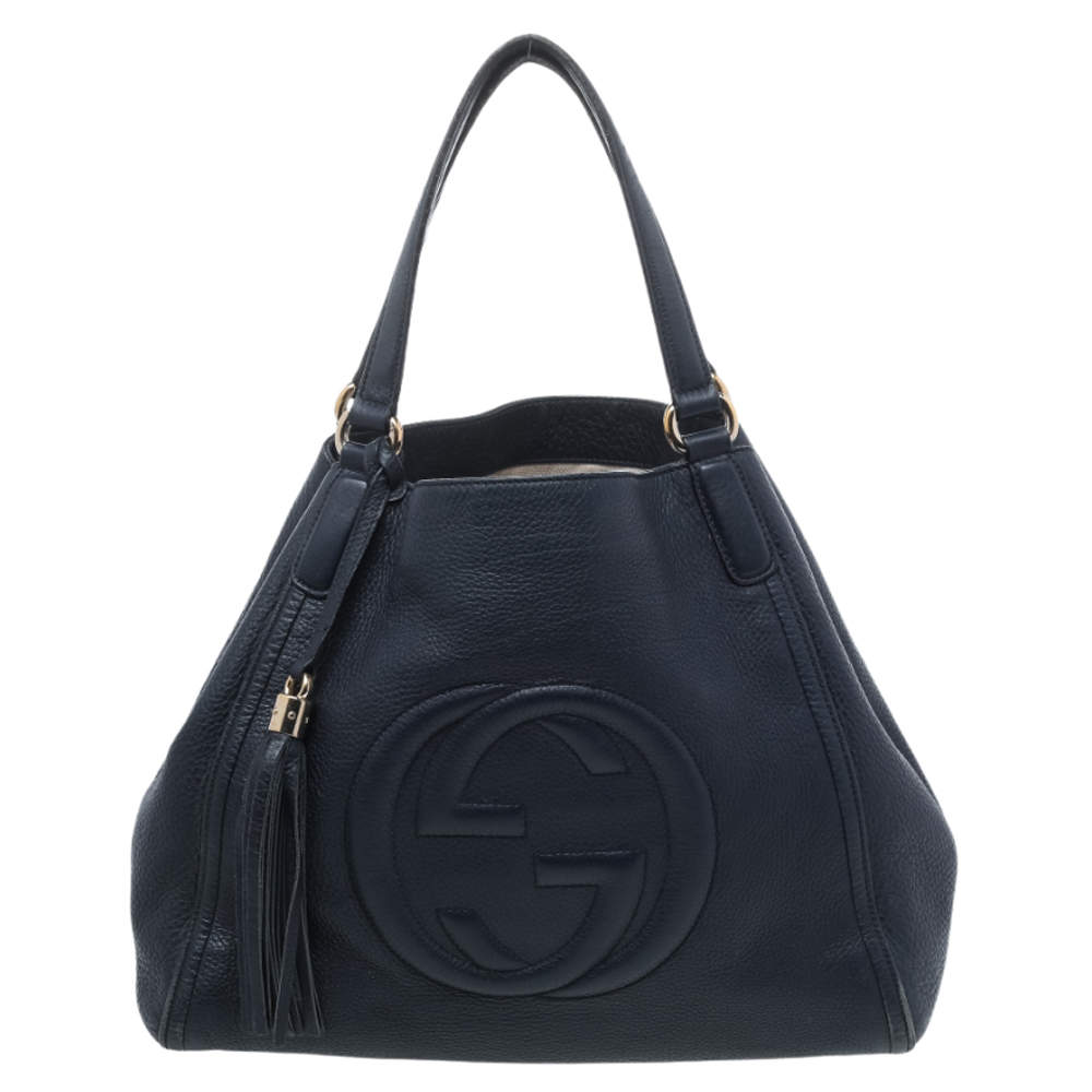 Pre Owned حقيبة يد توتس غوتشي سوهو جلد محبب أزرق كحلي متوسطة 