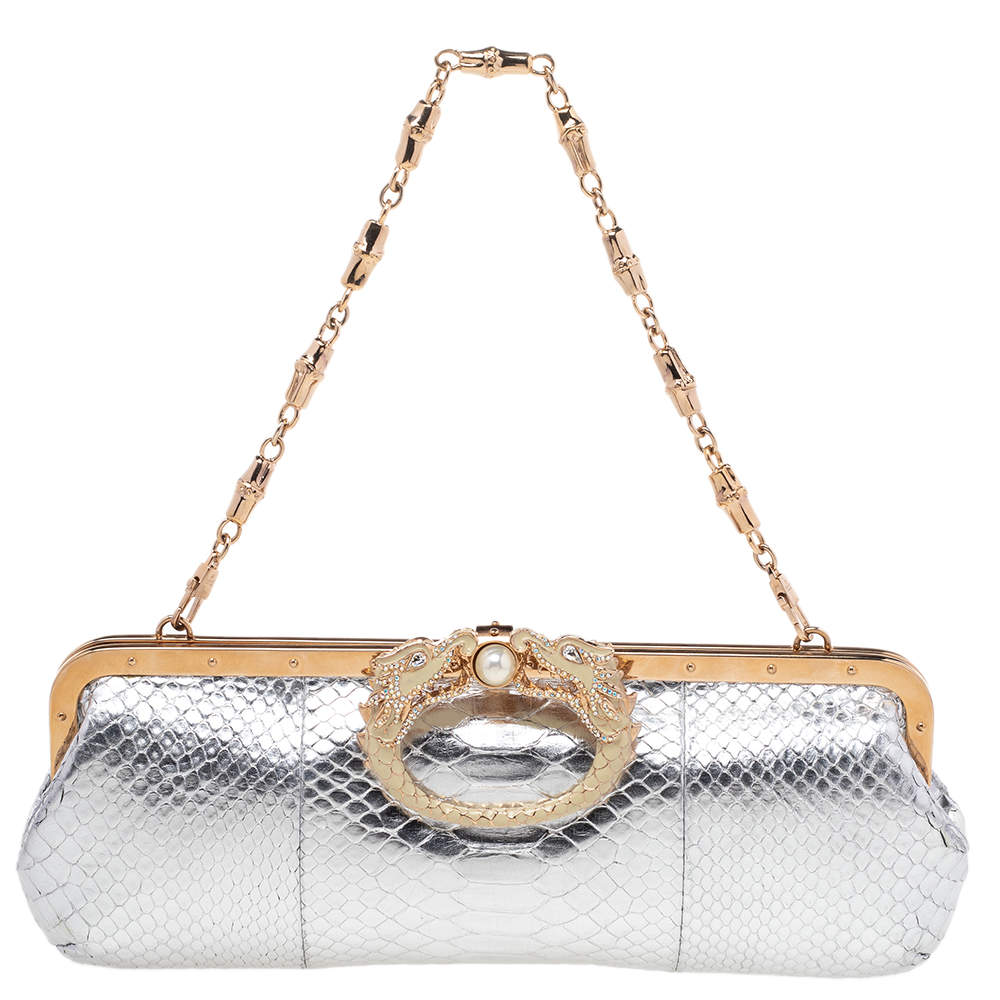 مملوكة مسبقًا  Gucci Silver Python Embossed Leather Crystal Dragon Chain Clutch