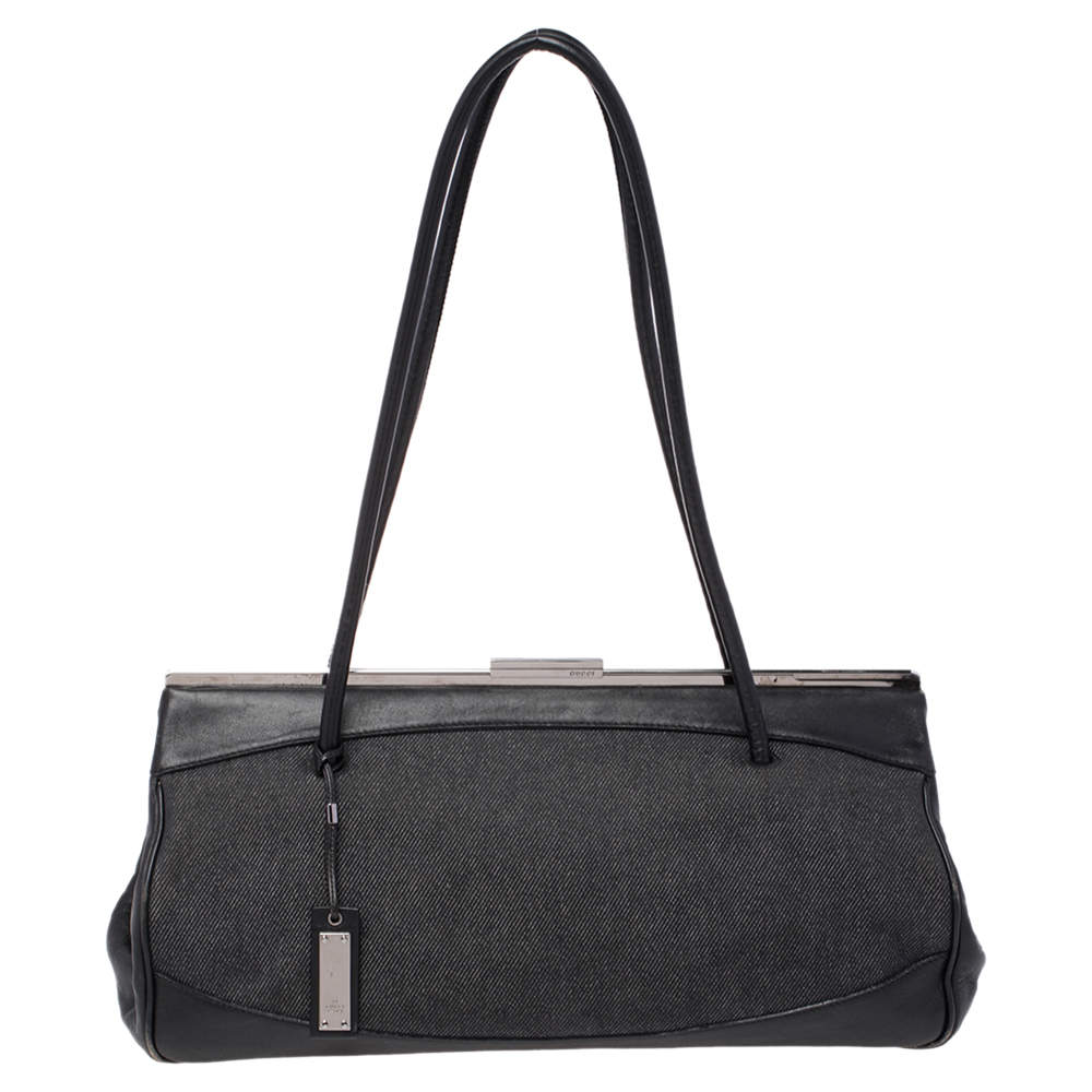 مملوكة مسبقًا Gucci Black Denim and Leather Vintage Slide Frame Shoulder Bag