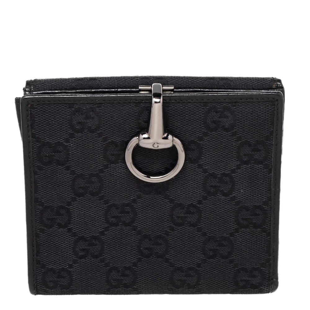 مملوكة مسبقًا Gucci Black GG Canvas Horsebit Clasp Wallet