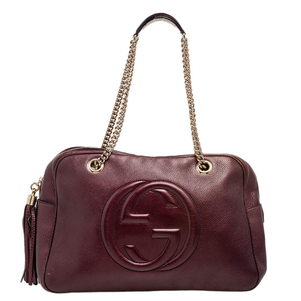 مملوكة مسبقًا حقيبة كتف غوتشي سوهو جلد عنابي ميتاليك كبيرة بسلسلة