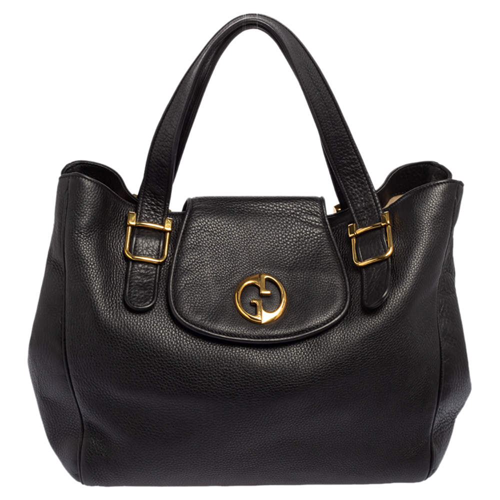 Pre Owned Gucci Black Leather GG 1973 Tote