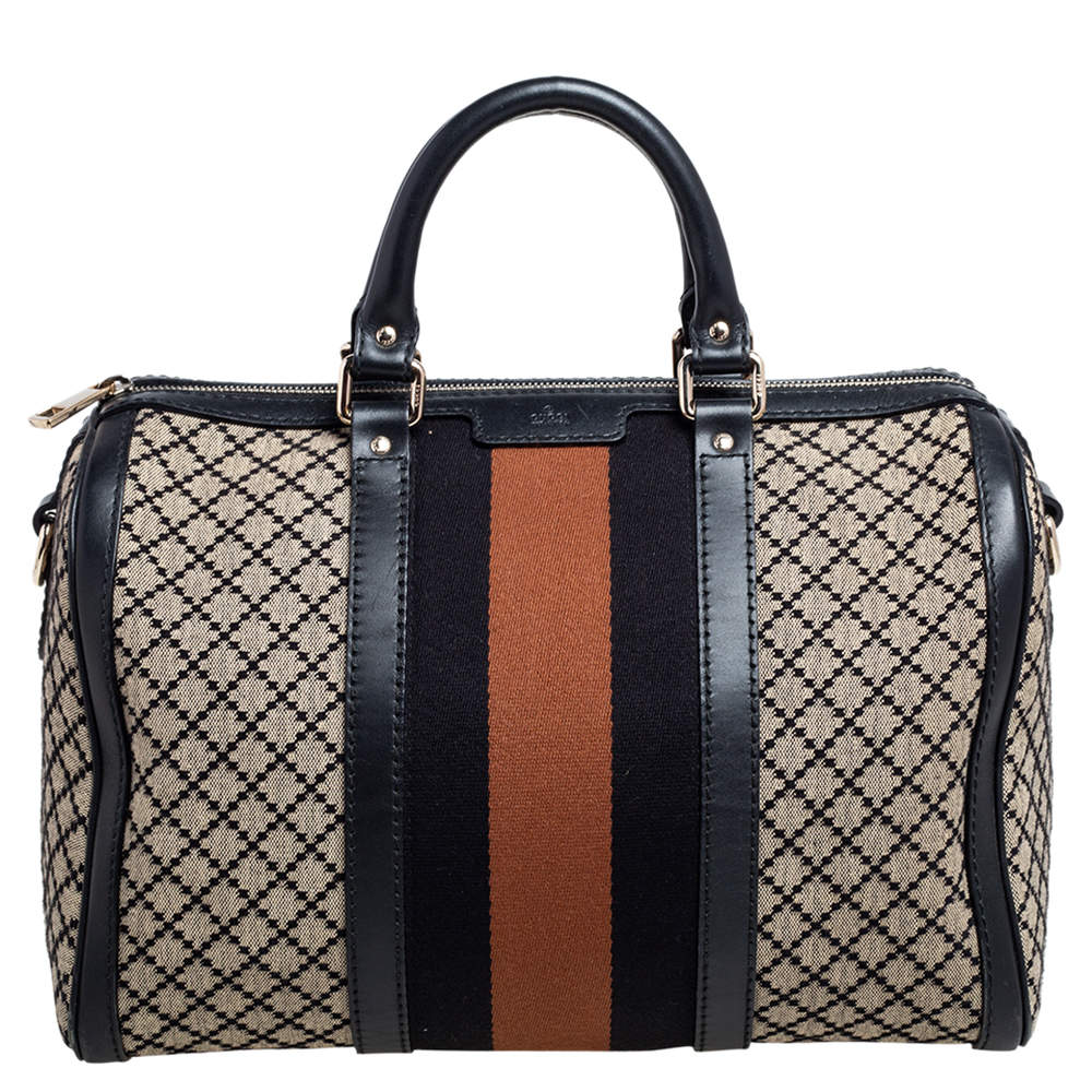 Pre Owned Gucci Black/Beige Diamante Canvas Medium Vintage Web Boston Bag