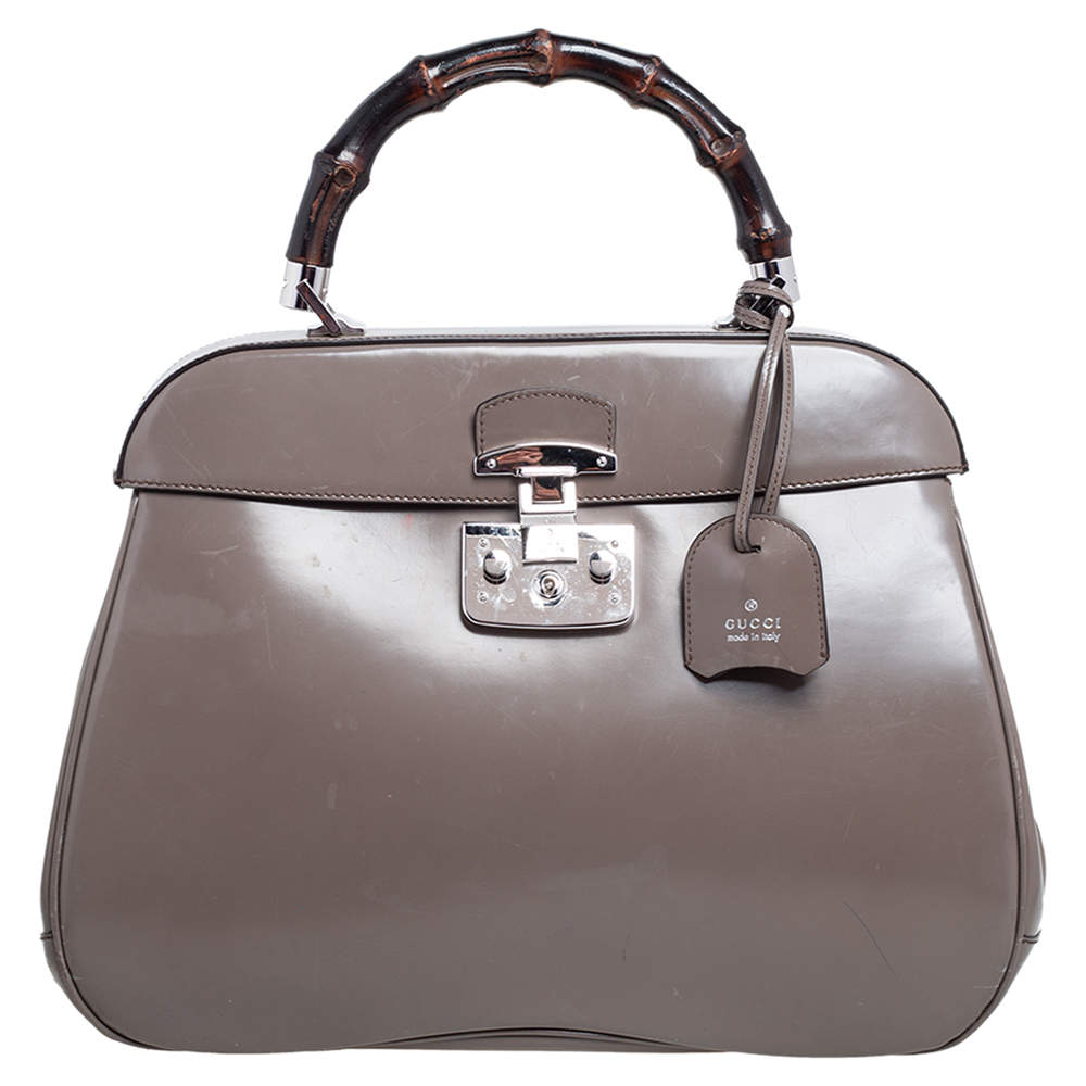 Pre Owned Gucci Grey Leather Lady Lock Bamboo Large Top Handle Bag
