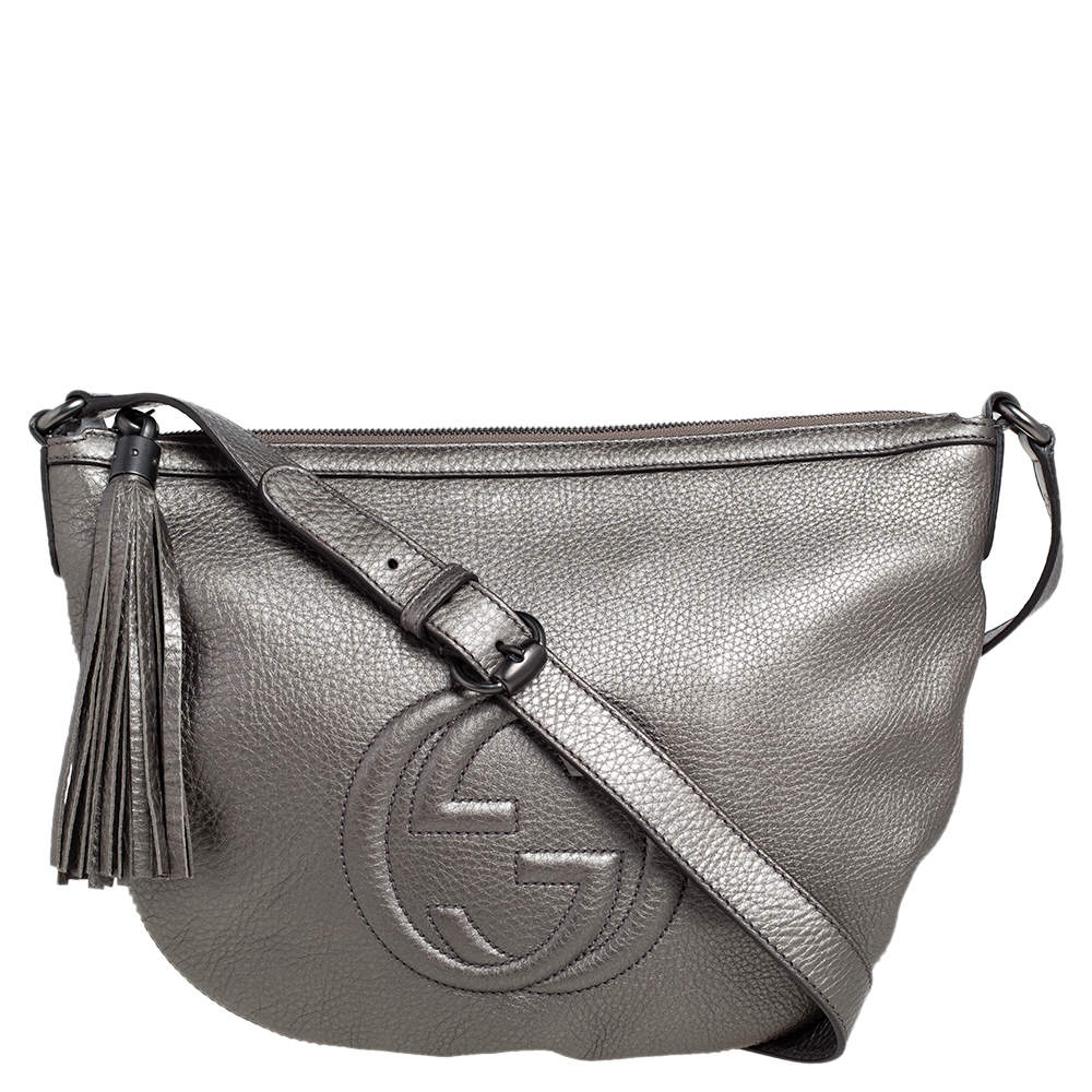 Pre Owned Gucci Metallic Grey Leather Soho Small Messenger Bag