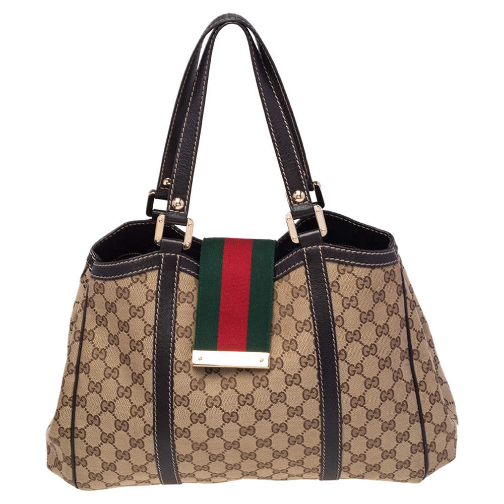 Pre Owned Gucci Beige/Ebony GG Canvas and Leather New Ladies Web Tote