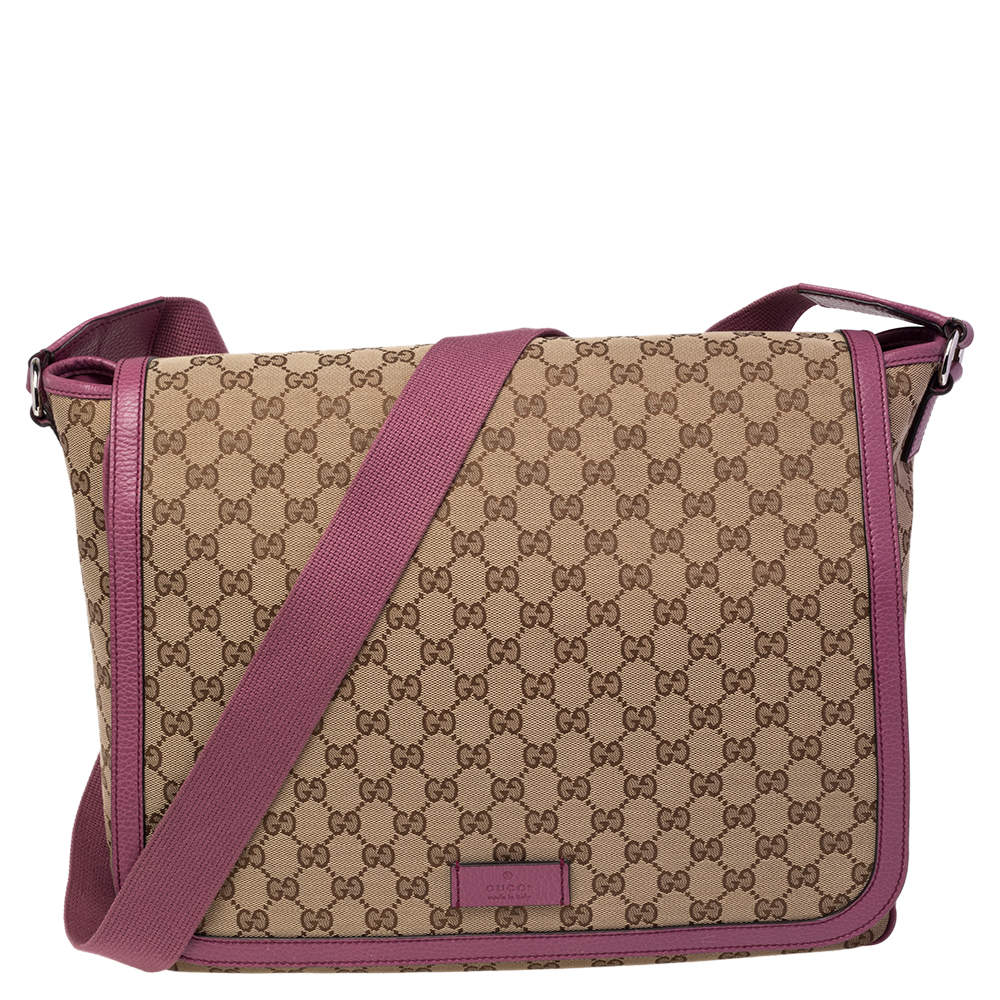 Pre Owned Gucci Beige/Pink GG Canvas and Leather Messenger Diaper Bag