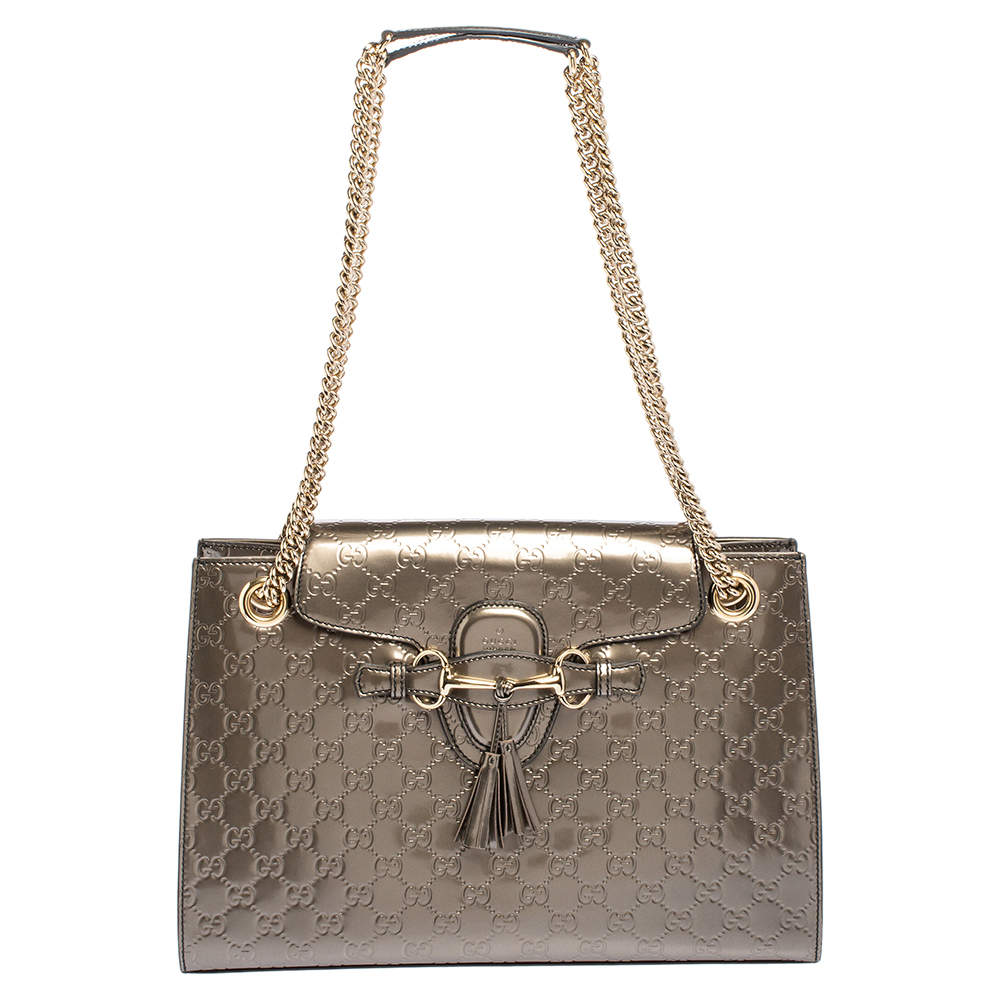 Gucci Metallic Grey Guccissima Leather Large Emily Chain Shoulder Bag