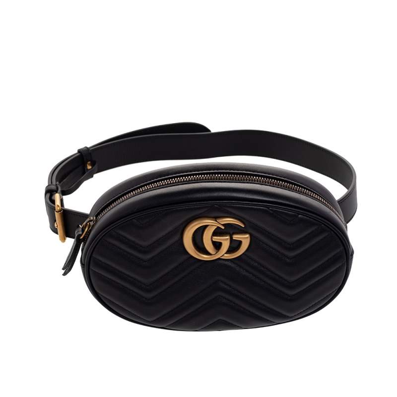 Gucci Black Calfskin Matelasse Leather GG Marmont Waist Belt Bag 85 34