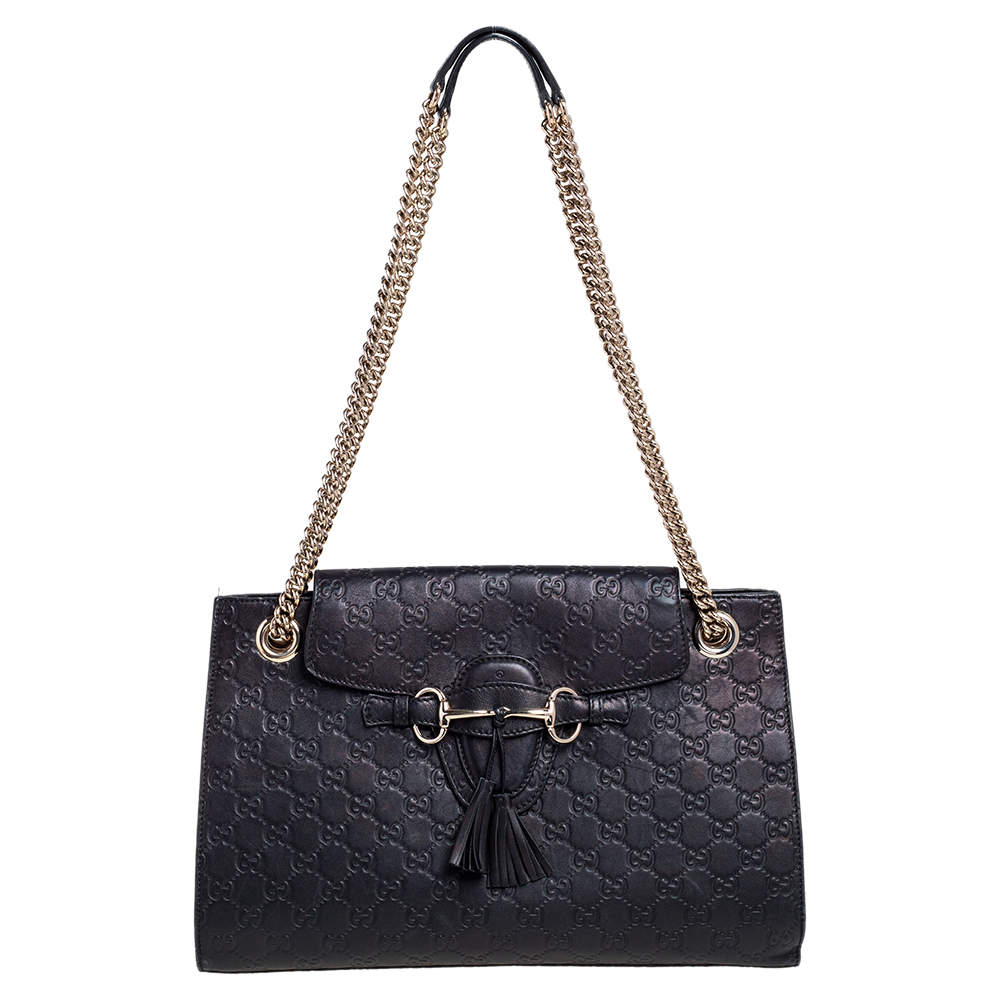 Gucci Black Guccissima Leather Large Emily Chain Shoulder Bag