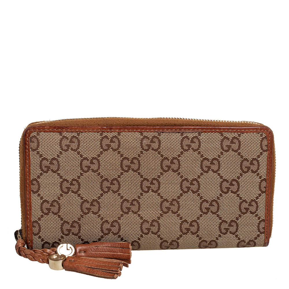 Gucci Beige/Brown GG Canvas and Leather Tassel Zip Around Wallet