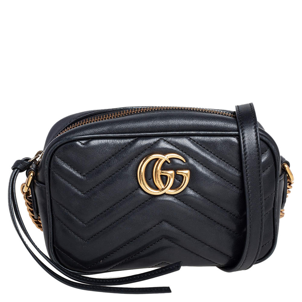 Pre Owned Gucci Black Matelassé Leather Mini GG Marmont Crossbody Bag