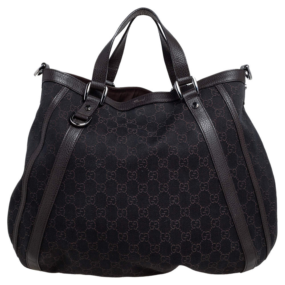 Pre Owned Gucci Dark Brown GG Canvas and Leather Medium Abbey Convertible Tote