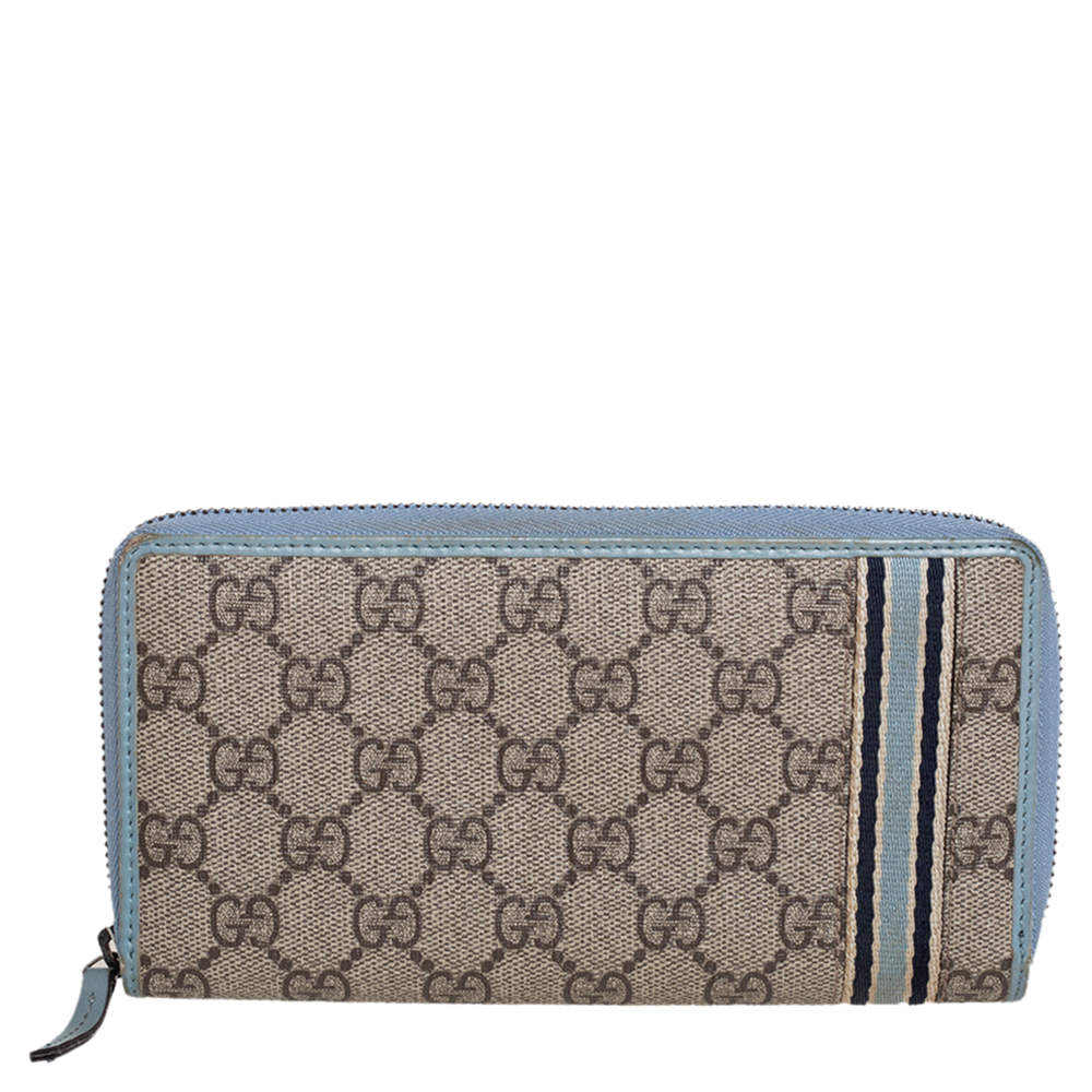 Gucci Beige/Blue GG Supreme Canvas and Leather Zip Around Wallet