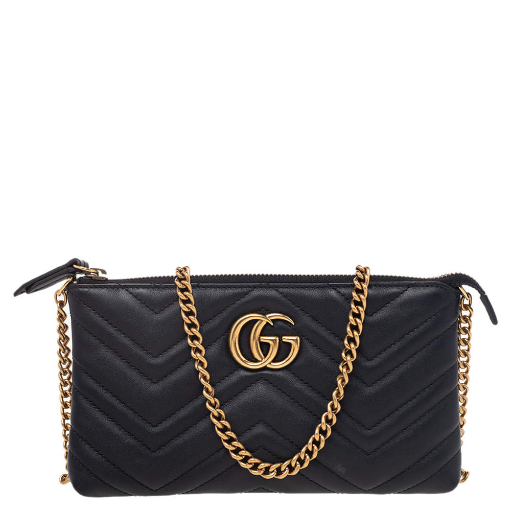 Pre Owned Gucci Black Matelasse Leather GG Marmont Chain Shoulder Bag
