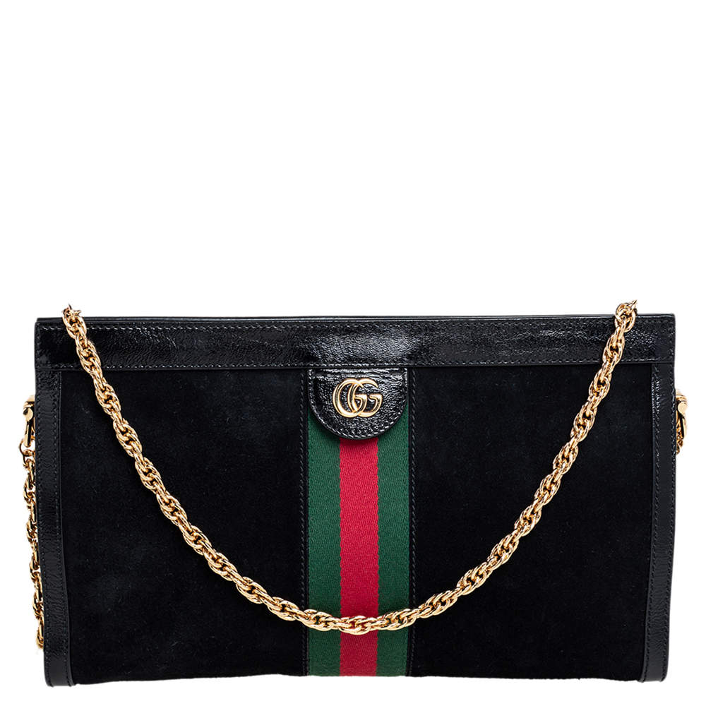 Pre Owned Gucci Black Suede and Patent Leather Medium Ophidia Chain Shoulder Bag