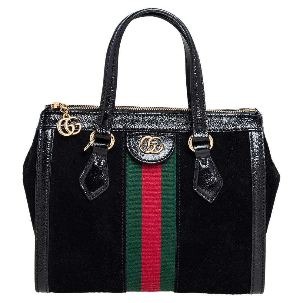 Pre Owned Gucci Black Suede and Patent Leather Small Ophidia Tote
