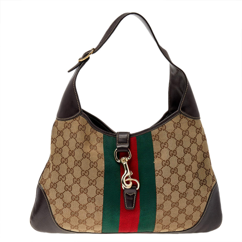 مملوكة مسبقًا Gucci Beige/Brown GG Canvas And Leather Jackie Bouvier Web Hobo