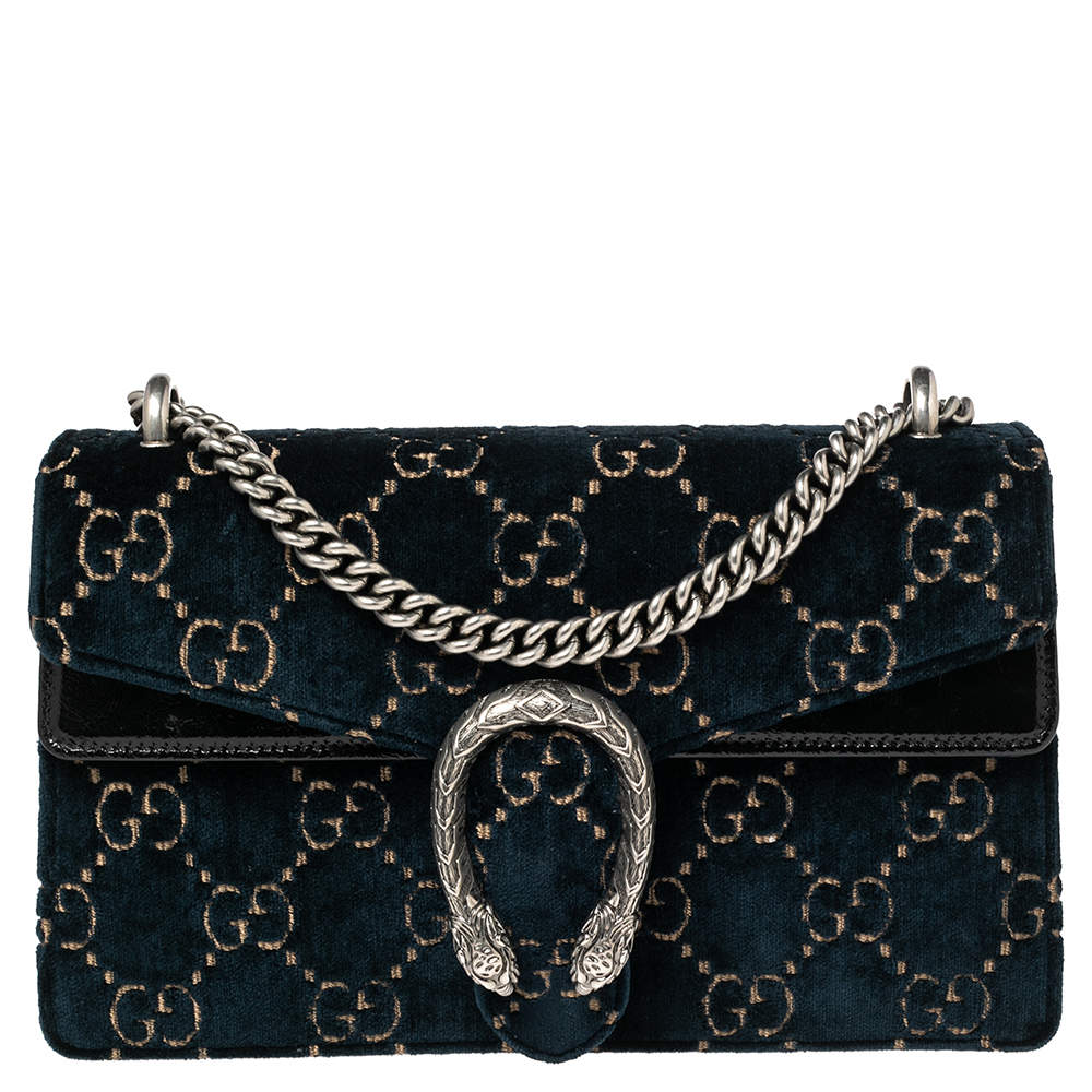 Gucci Blue/Black GG Velvet and Patent Leather Small Dionysus Shoulder Bag