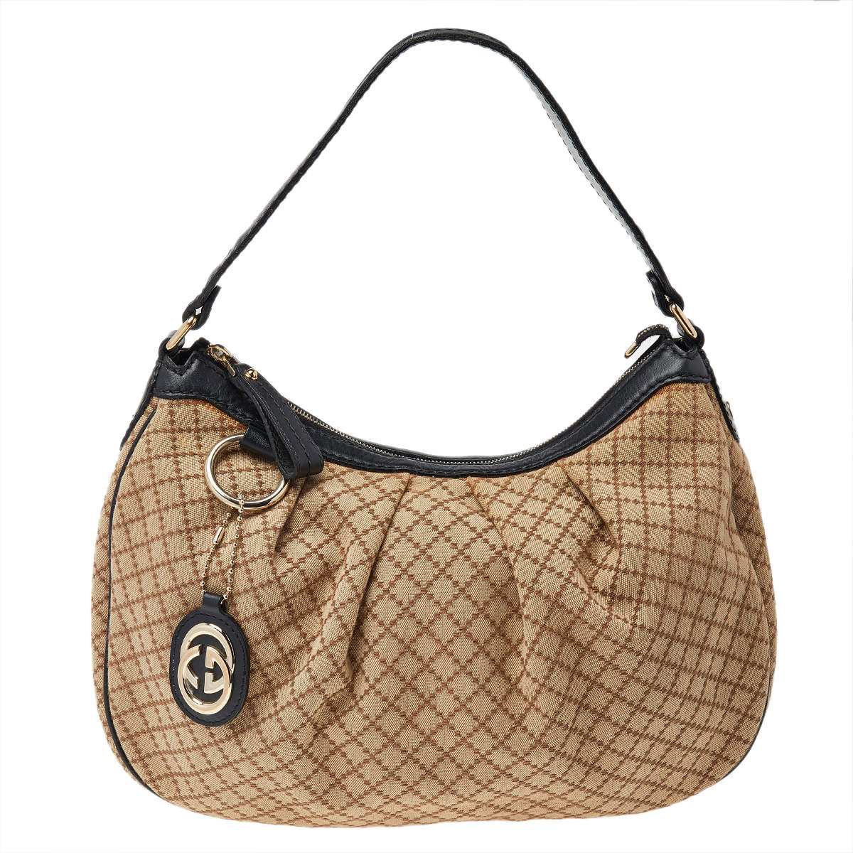 Pre Owned حقيبة هوبو غوتشي سوكي متوسطة جلد وكانفاس ديامنت أسود/ بيج