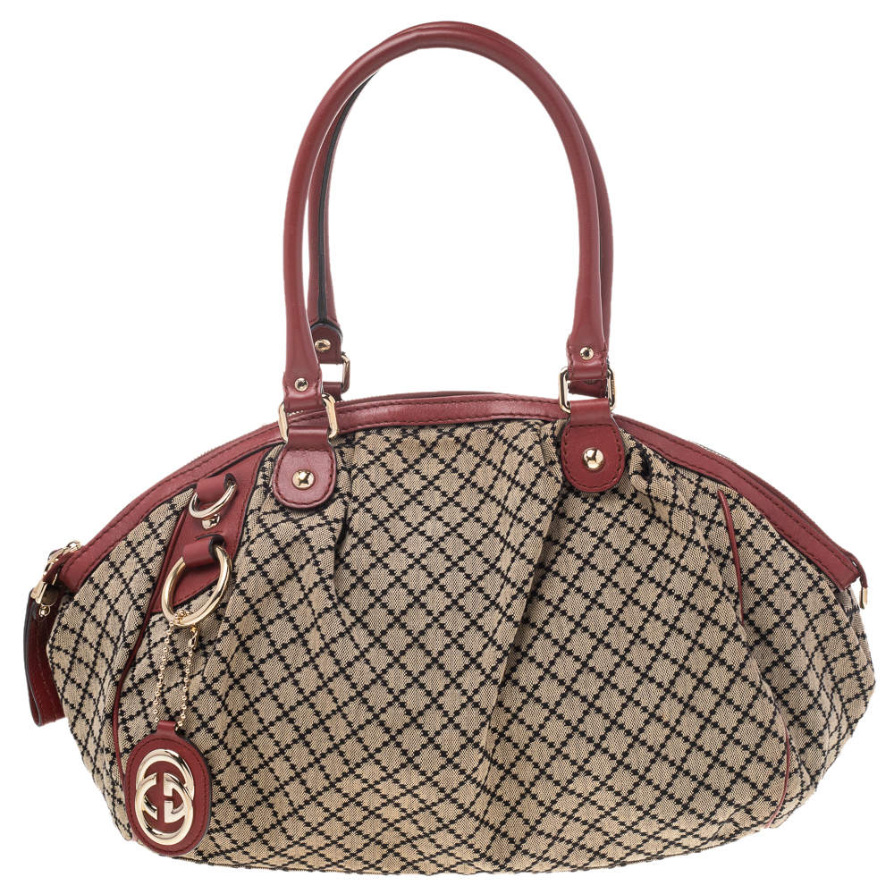 Pre Owned Gucci Beige/Red Diamante Canvas And Leather Sukey Satchel