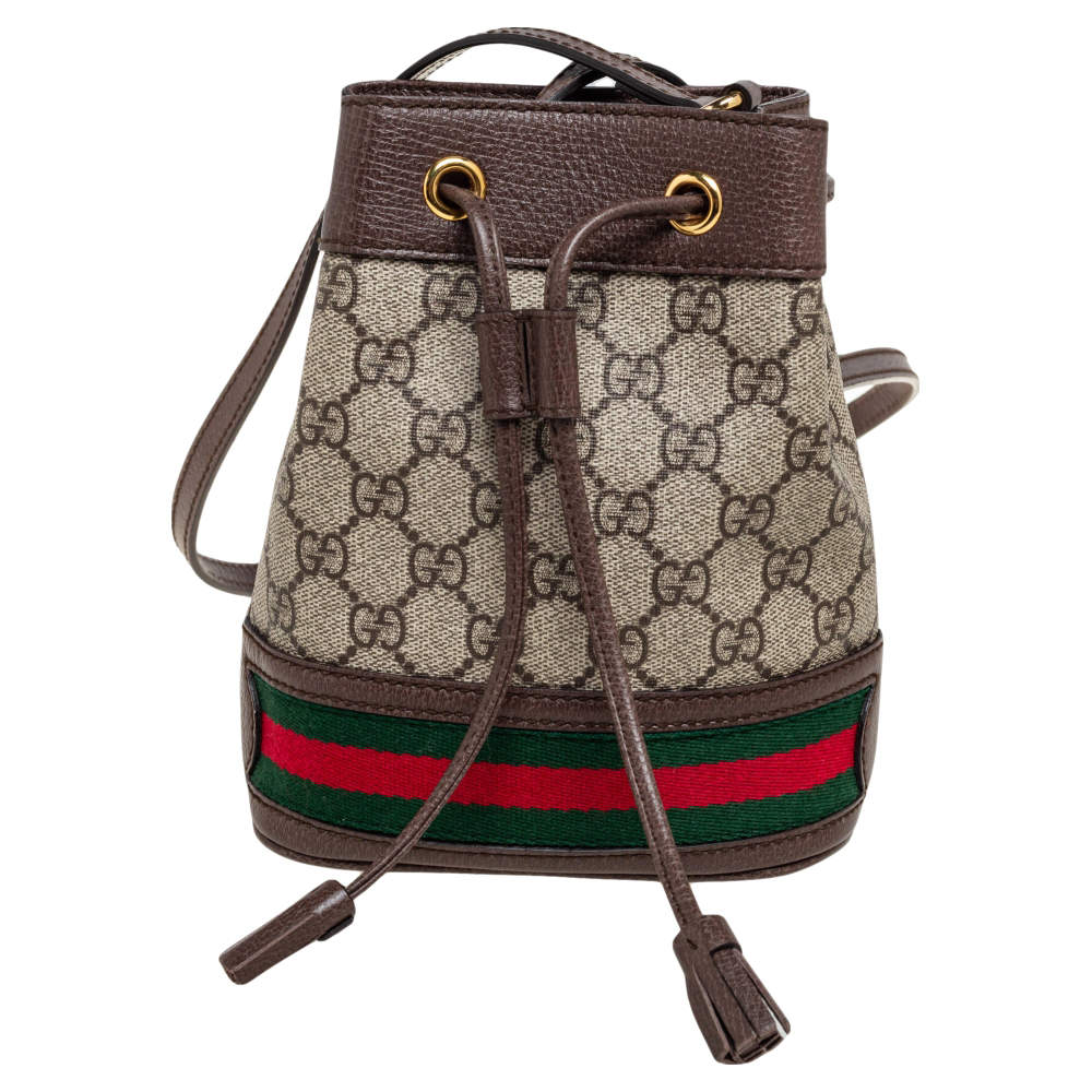 Pre Owned Gucci Beige/Ebony GG Supreme Coated Canvas and Leather Mini Ophidia Bucket Bag 