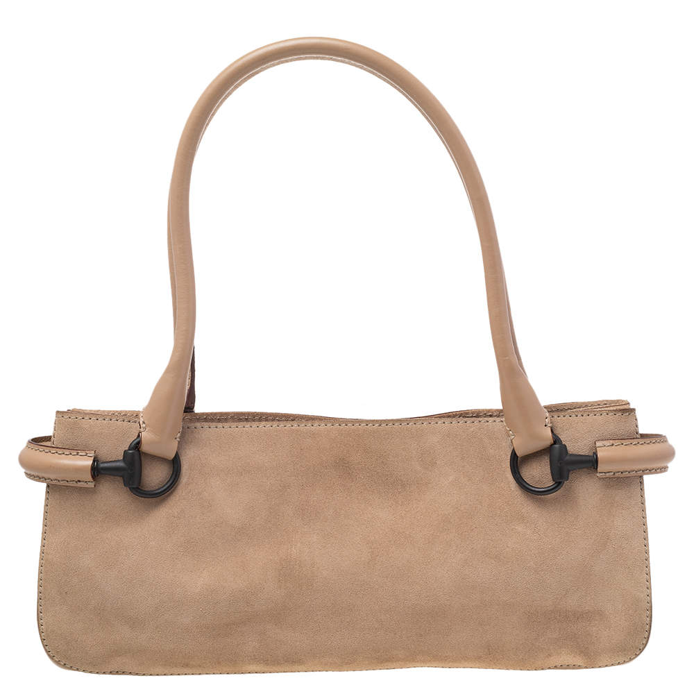 Pre Owned Gucci Beige Suede And Leather Shoulder Bag