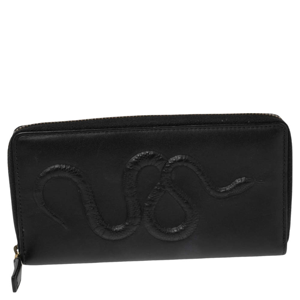 Gucci Black Snake Embossed Leather Zip Around Continental Wallet Gucci