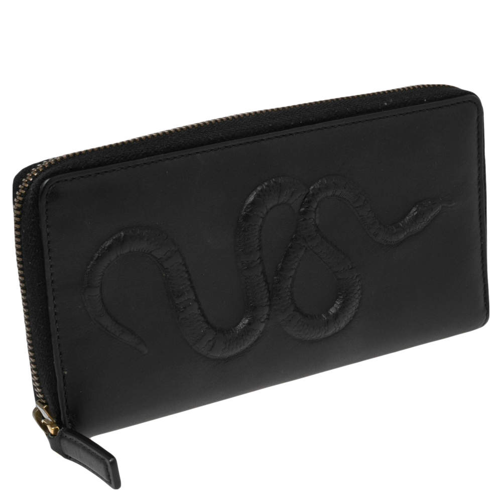 Gucci Black Snake Embossed Leather Zip Around Continental Wallet