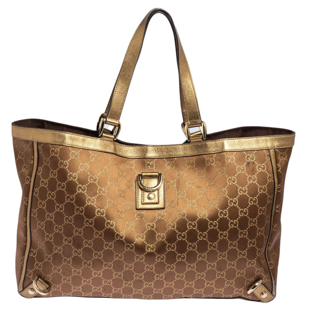 مملوكة مسبقًا Gucci Brown/Metallic Gold GG Satin And Canvas Medium Abbey Tote