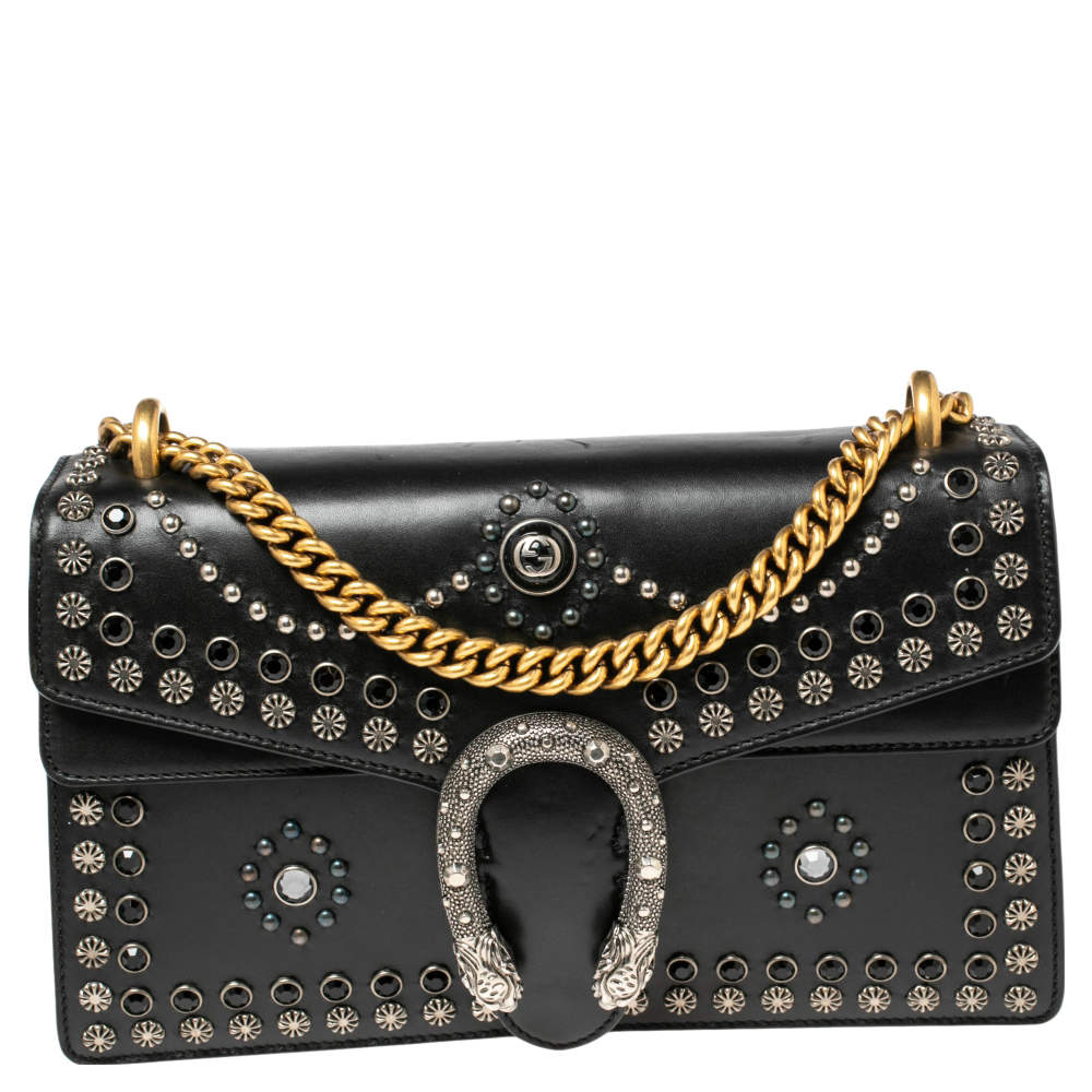 Gucci Black Leather Small Dionysus Embellished Shoulder Bag