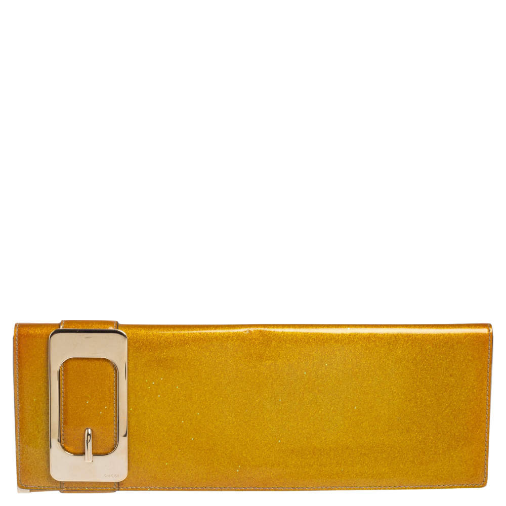 Pre Owned Gucci Metallic Yellow Patent Leather Romy Continental Wallet