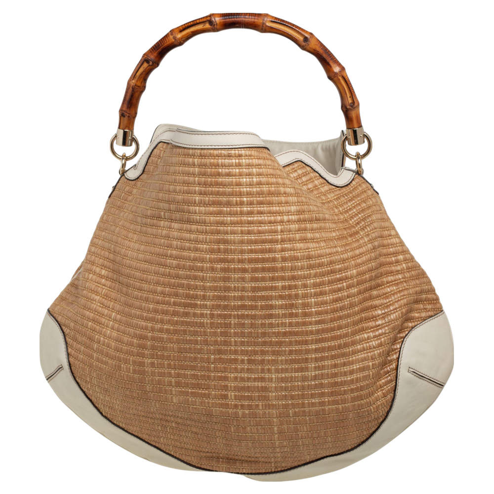 Gucci Beige/Cream Raffia and Leather Peggy Bamboo Hobo Gucci The