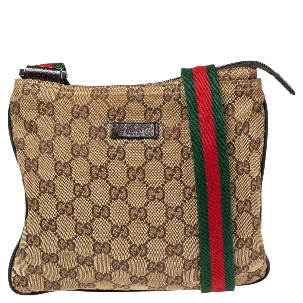 Pre Owned Gucci Beige/Brown GG Canvas And Leather Small Flat Web Messenger Bag