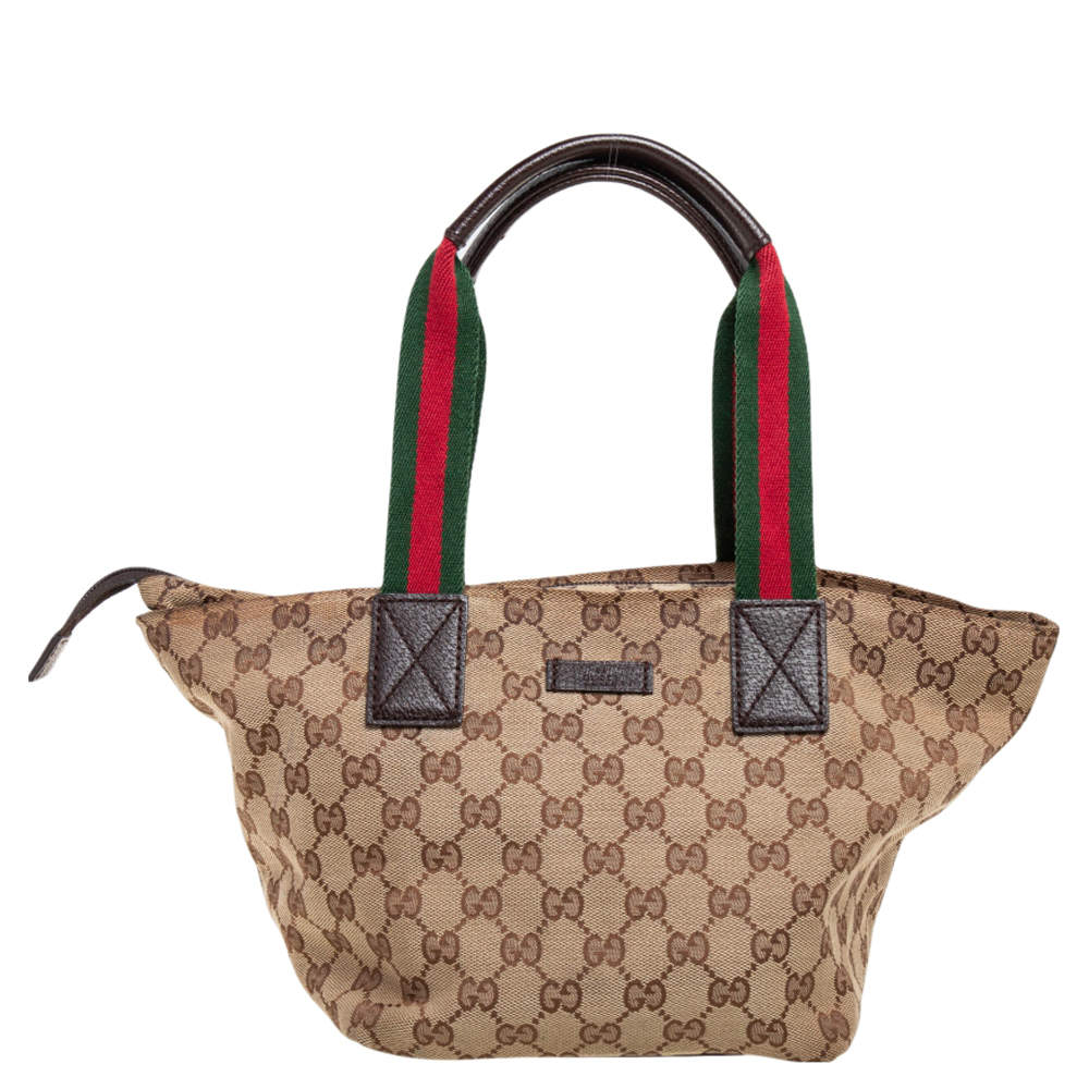 مملوكة مسبقًا حقيبة يد توتس غوتشي جلد وكانفاس GG بيج / بني صغيرة بنمط ويب