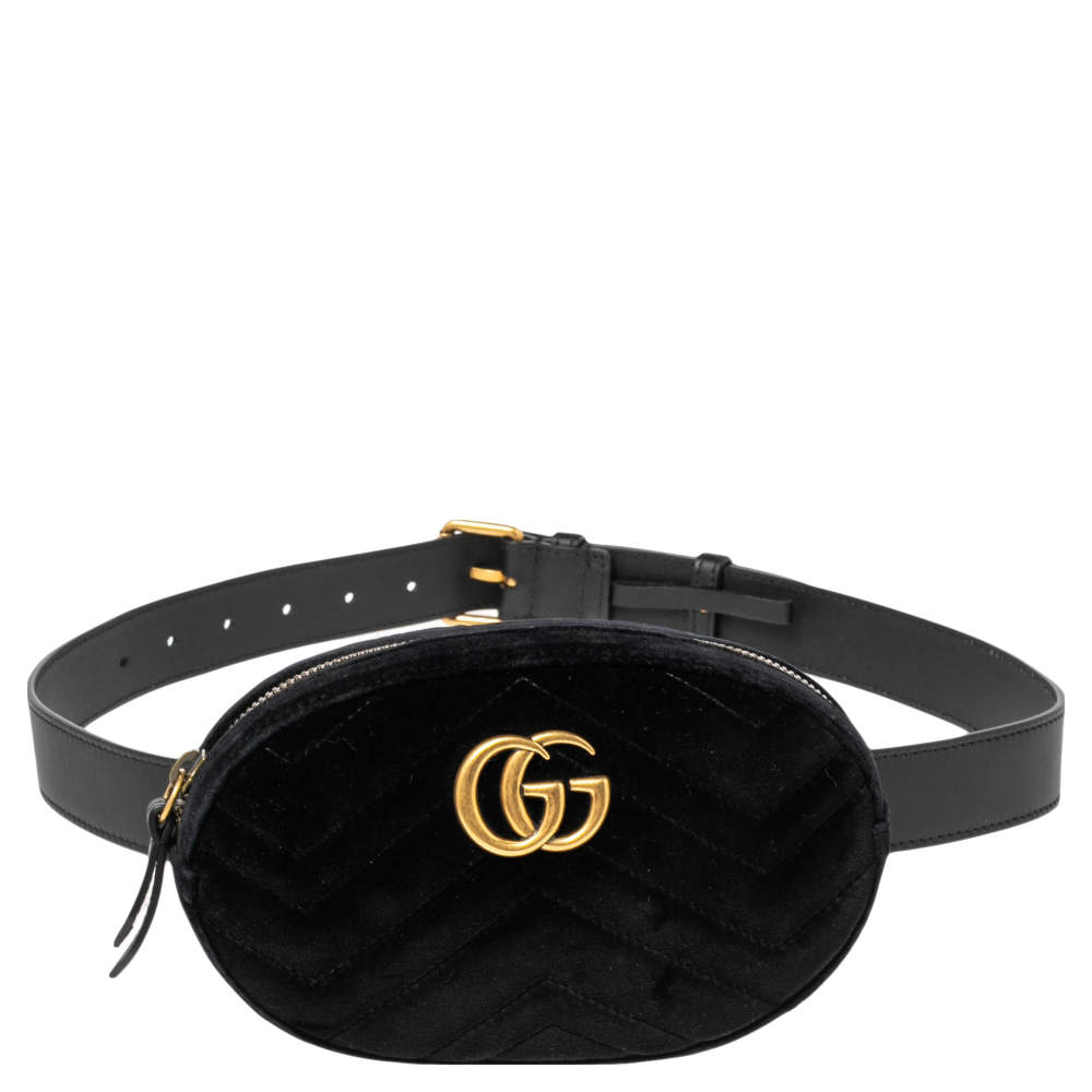 Gucci Black Matelasse Velvet GG Marmont Belt Bag