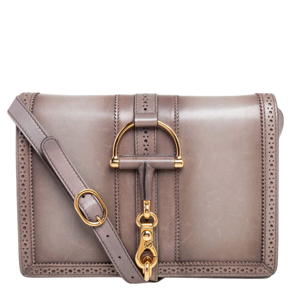 مملوكة مسبقًا Gucci Grey Duilio Brogue Leather Horsebit Shoulder Bag